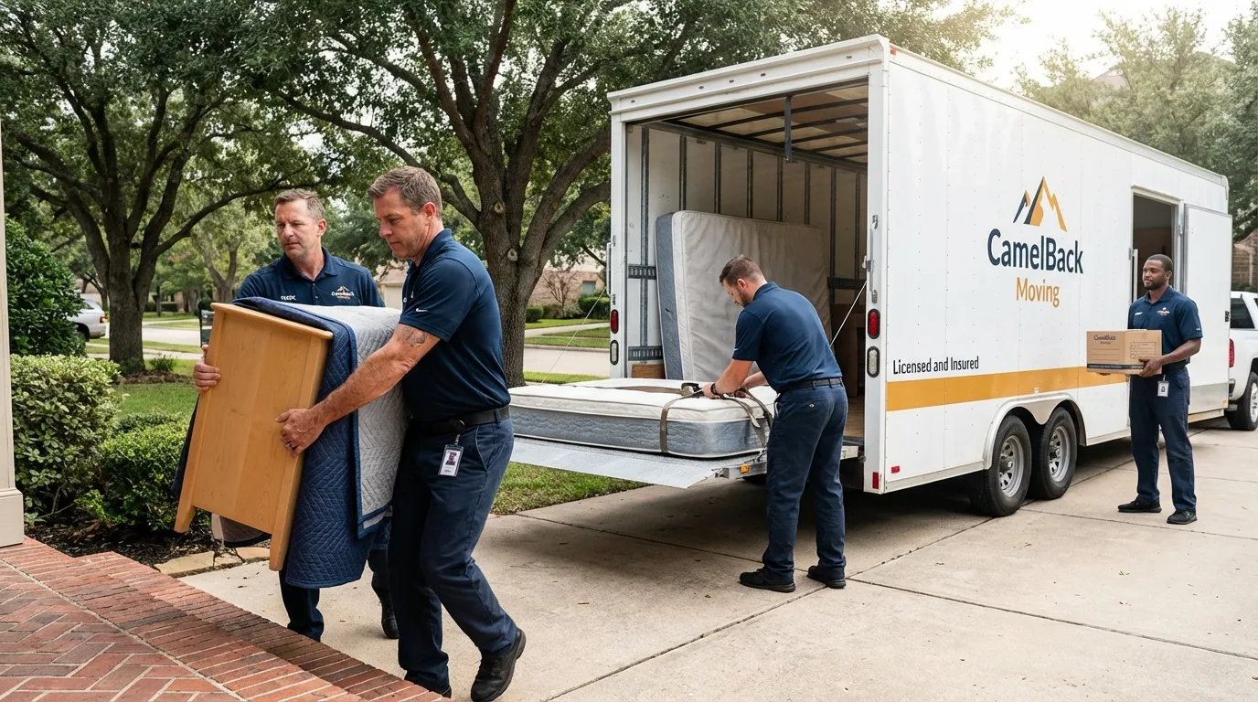 Crew loading residential truck for cross-state move from Versailles, MO