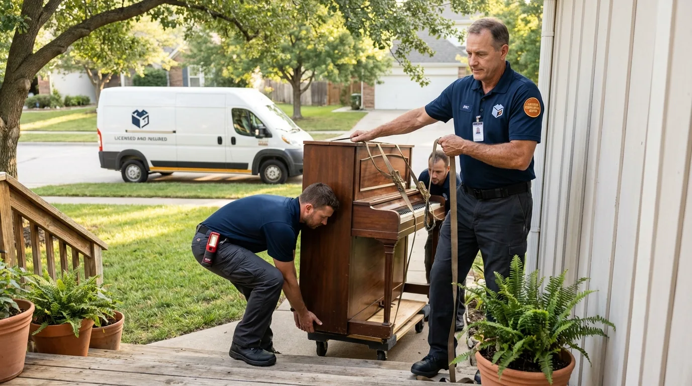 Licensed piano movers securing grand piano in Versailles, MO