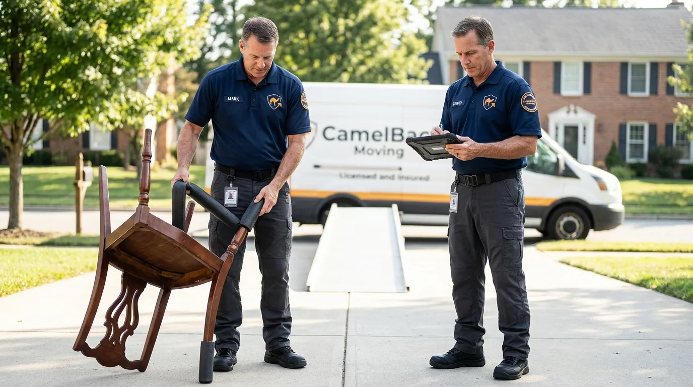 Movers inspecting furniture for damage prevention before loading in Versailles, MO